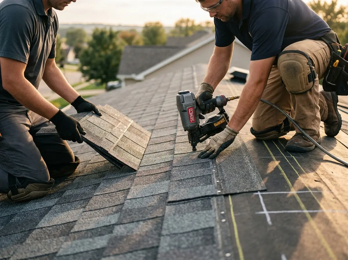 Professional roofer working on a residential roof in Cushing